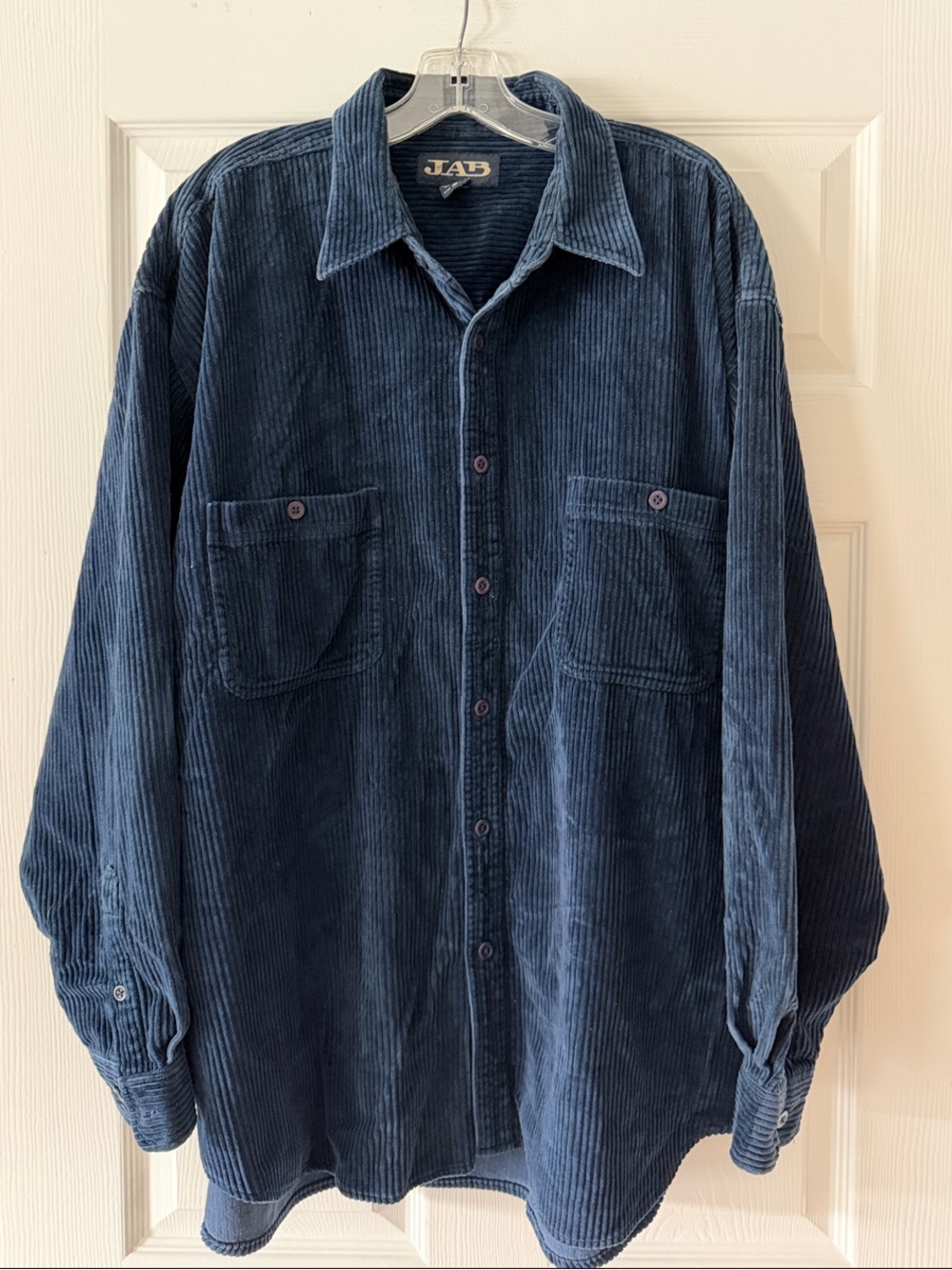 Vintage JAB Joseph A Bank Navy Blue Corduroy Shirt Wide Wale Long Sleeve Mens XL